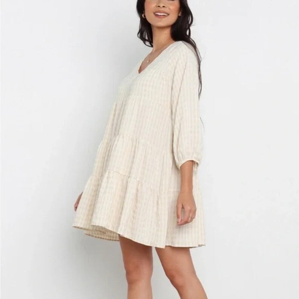 NWT Petal & Pup White Cream Gingham Cottage Farmcore Tiered Mini Dress Women 4